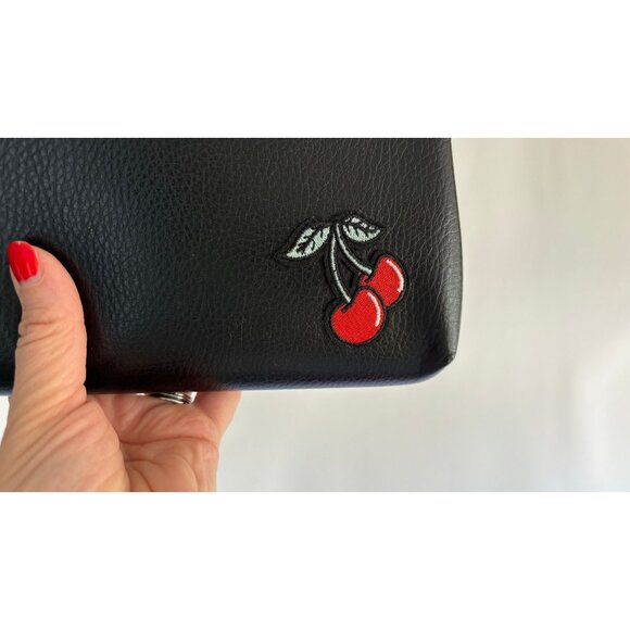 embellished vintage black leather clutch handbag reworked OOAK cherries patch Va - Picture 4 of 7